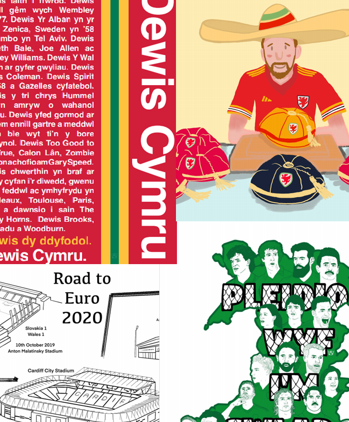 4 posters combined image showing examples of Cymru 150 prints